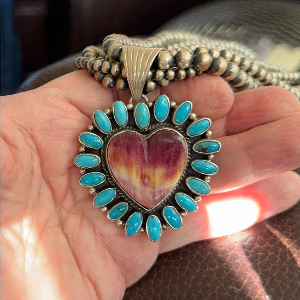 Beautiful Genuine Turquoise & Purple Spiny Oyster Pendant 925 Sterling